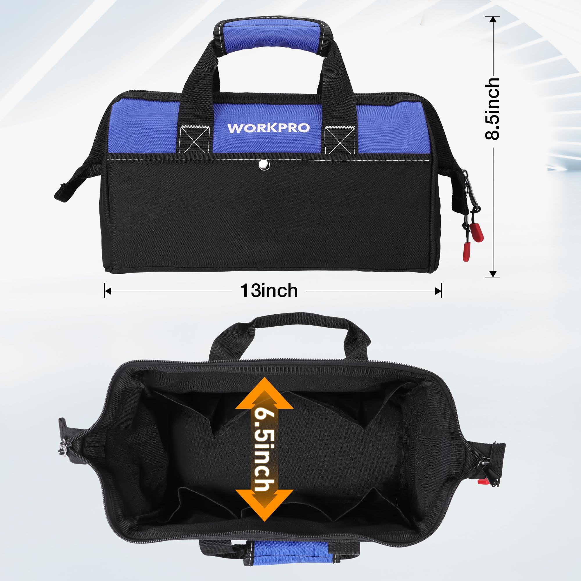 WORKPRO 13-inch Tool Bag, Wide Mouth Tool Tote Bag with Inside